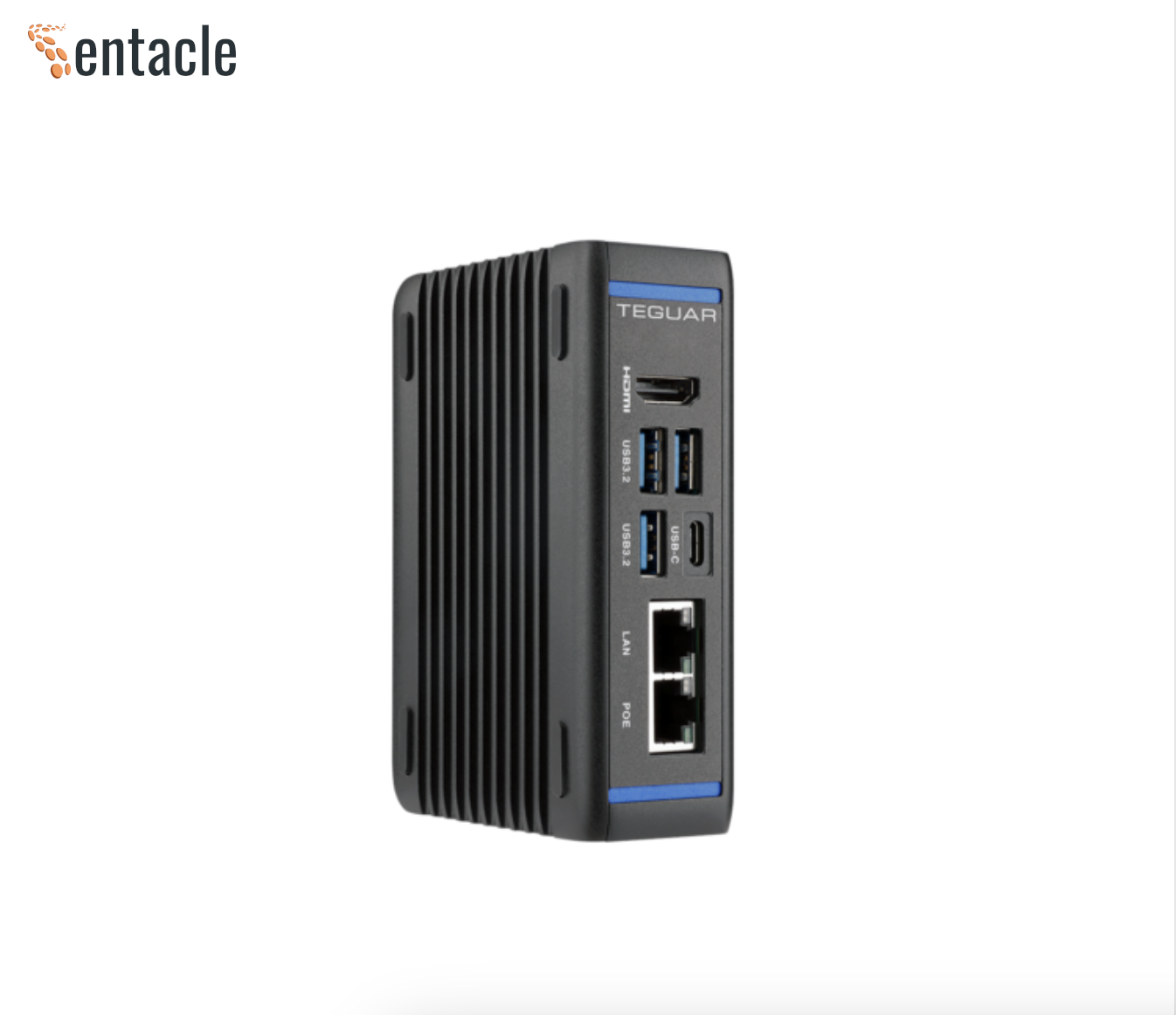Scout TB-6293 Miniature Fanless Edge Gateway PC on white background with Tentacle logo in upper left corner